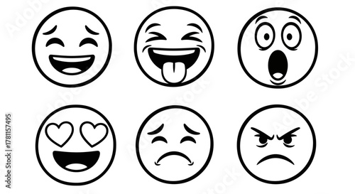Collection of Expressive Emoji Faces in Black and White Outline