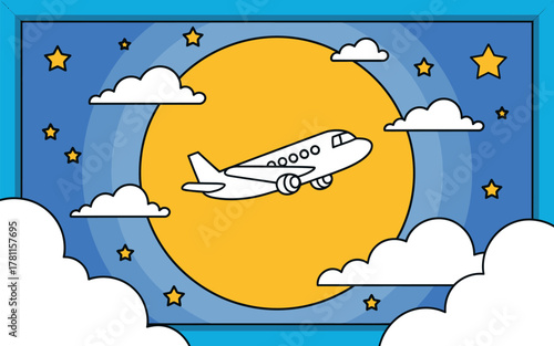 Dreamy airplane flying through starry night sky with glowing moon and clouds