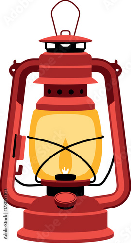 Classic red kerosene lantern glowing with warm light, symbolizing tradition and illumination.