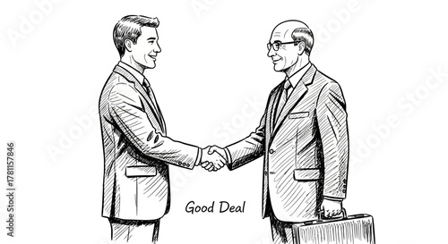 Professional men in suits shaking hands to finalize a successful business agreement, representing a corporate partnership, negotiation, and a mutually beneficial deal