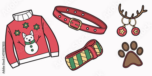 Illustration of a christmas sweater, collar, leash, antlers, and pet paw print