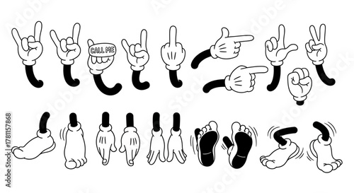 Pixel perfect graphic set of vintage cartoon hands and feet. Vector mascot constructor kit with multiple gestures and poses for animation
