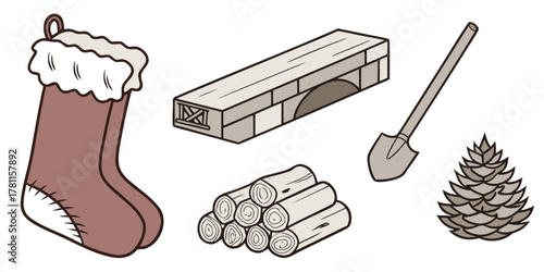 Illustration of a christmas stocking, firewood, shovel, and pinecone on white