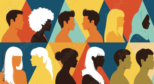 Vibrant geometric mosaic featuring diverse human silhouettes in profile, symbolizing global unity, multicultural connection, and inclusion within a modern graphic illustration