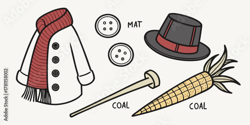 Illustration of winter clothing and accessories including a hat and scarf coat