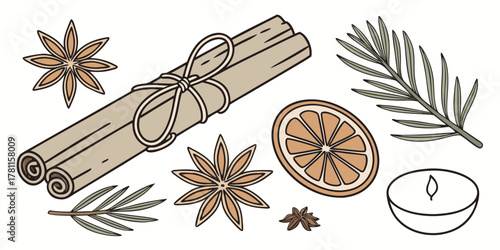Arrangement of cinnamon sticks, star anise, orange slice, greenery, and candle