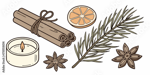Aromatic still life featuring cinnamon sticks, orange slice, and festive spices