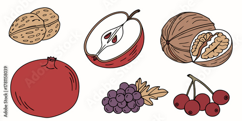 Illustration of a variety of fruits and nuts including apple grape and walnut