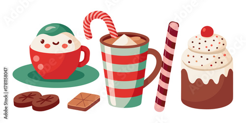 Festive holiday treats including hot cocoa and cupcakes arranged on a white space