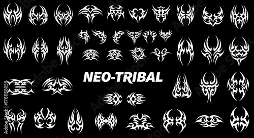 collection of neo-tribal tattoo design elements on a black background, perfect for graphic design projects