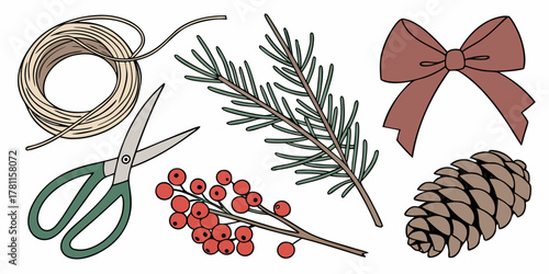 Illustration of christmas crafting elements with pinecone and bow and scissors