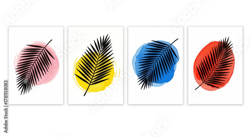 Set of four creative tropical palm leaf silhouettes on abstract watercolor backgrounds. Vector graphic design collection for decoration