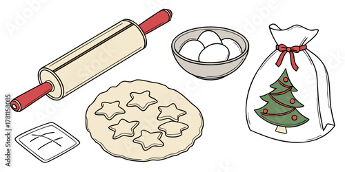 Illustration of baking scene with dough, rolling pin, eggs and christmas bag