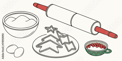 Ingredients and tools for baking christmas cookies with rolling pin and cutters