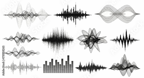 Collection of dynamic abstract sound waves and audio spectrum visualizations in monochrome, perfect for digital design and technical presentations
