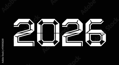The year 2026 in a white futuristic segmented digital font. Clean vector graphic illustration with a pixel graph style on a black background, symbolizing the new year