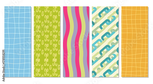 Set of five vertical decorative banner designs with playful geometric and abstract patterns, including grids, waves, and organic shapes, ideal for creative projects