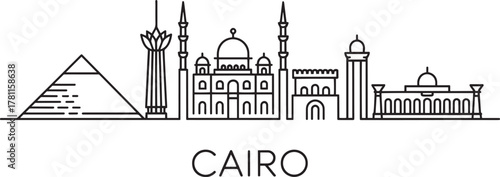Cairo city skyline line drawing egyptian urban panorama travel famous architectural buildings vector graphic background