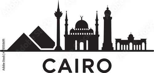 Cairo city skyline silhouette vector illustration featuring pyramids mosques and famous egyptian landmarks