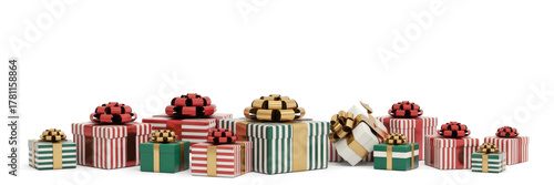 christmas presents in row and green decorated fir 3d-illustration
