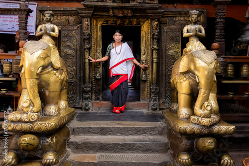 Newari Girl in Traditional Attire at the Golden Temple, Patan Durbar Square
