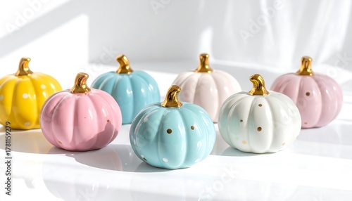 Close-up of pastel glass pumpkins with multicolor dots under soft light