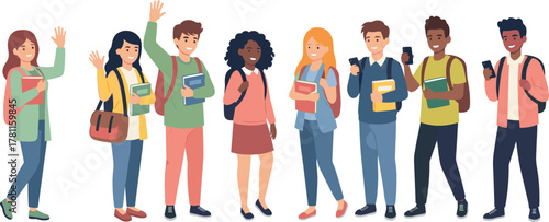 Happy diverse students standing in line, smiling, waving, holding books and smartphones, representing modern education, youth lifestyle, academic engagement, and school diversity