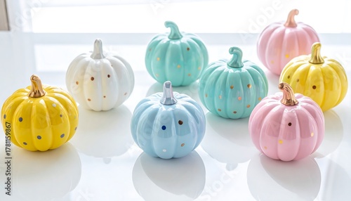 Arrangement of pastel glass pumpkins decorated with colorful polka dots under soft studio light