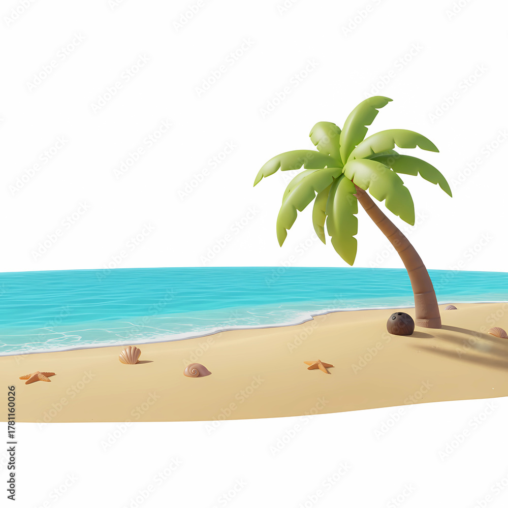 Naklejka premium Stylized 3D Tropical Beach Scene with Palm Tree and Ocean