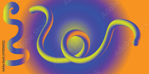 Vibrant abstract fluid art with swirling colorful ribbons of yellow blue and purple against a warm orange gradient background