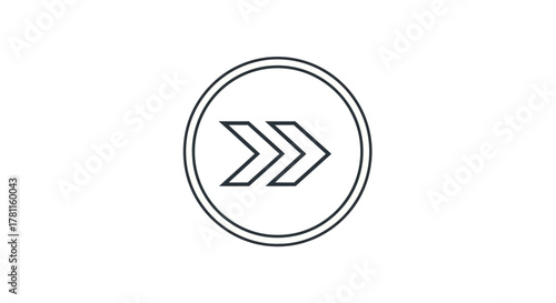 A minimalist outline icon of a double chevron arrow pointing to the right, enclosed within a double-lined circle.