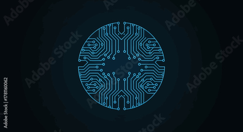 A blue circular circuit board pattern on a dark background, symbolizing technology, artificial intelligence, and digital connectivity.