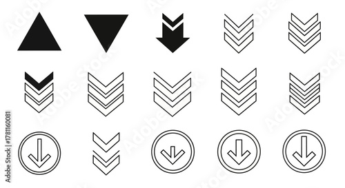 A comprehensive collection of various down arrow icons and symbols for user interface design elements.