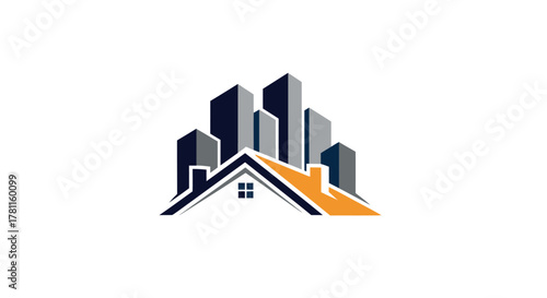 Logo depicting a house in front of city buildings, symbolizing real estate or property development.