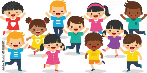 Joyful diverse cartoon children running, playful kids illustration, multicultural childhood fun, energetic group of boys and girls, cheerful movement, colorful happy scene