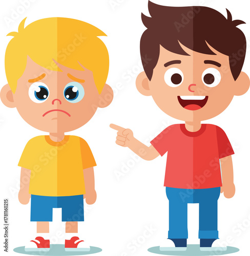 Sad boy being teased by happy child, emotional contrast, bullying behavior, childhood emotions, cartoon illustration, kids interaction, social dynamics, expressive characters