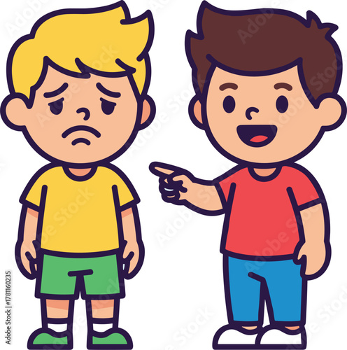 Sad child being teased by happy kid, emotional contrast, cartoon illustration, childhood behavior, bullying concept, expressive faces, social interaction, kids conflict scene