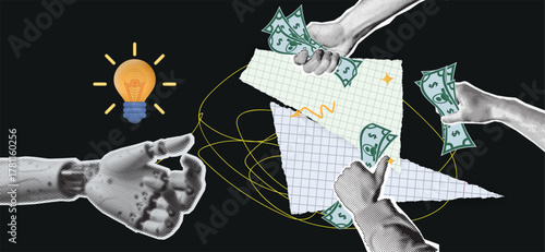 Halftone pop art collage showing hands exchanging money and lightbulb symbol of idea. Concept of creative funding, innovation, startup investment and monetization in modern business style.
