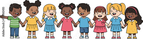 Cartoon children holding hands, smiling together, diverse group, colorful outfits, unity, friendship, inclusion, happy kids, playful moment, childhood joy, harmony