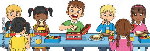 Group of children eating lunch in school cafeteria, diverse kids enjoying healthy food, social mealtime, childhood nutrition, school lunchbox, cheerful indoor setting