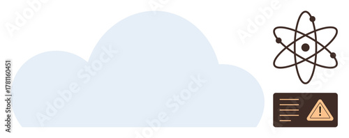 Cloud shape with atom model and warning message emphasizes technology, data science, and risk. Ideal for education, physics, safety, cybersecurity, system warning, data sharing simple flat metaphor