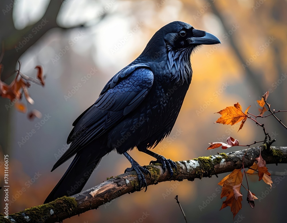 Fototapeta premium Majestic Black Raven Perched on Branch Amidst Autumn Colors