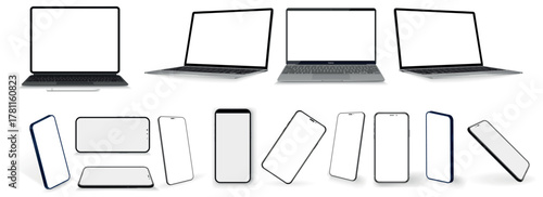 Mockup gadgets - smartphone, laptop, tablet with blank screen. 3D realistic gadgets in perspective, frontal, isometric view. Vector collection gadgets and devices. Mockup 3D cell phone, laptop, tablet