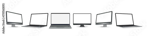 Mockups technology devices group of 2024 year with transparent display in silver color, device screen mockup, blank screen, phone tablet, computer monitor, laptop