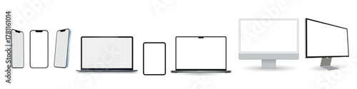 Modern laptop computer, monitor, tablet pc and mobile phone mockup front view, notebook mockup and phone device mockup ui ux app, digital devices screen template isolated on transparent - vector