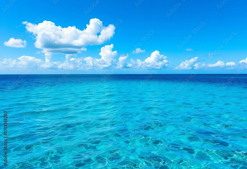 Obraz premium Azure ocean meets a vibrant blue sky dotted with fluffy white clouds, beach, tranquility