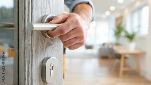 close-up of a locksmith fixing and closing a door with professional tools