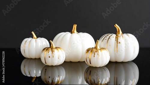 White glass pumpkins decorated with golden paint accents under soft light