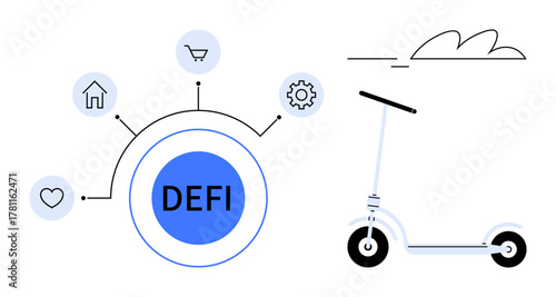 DEFI hub at center linking icons of home, shopping, heart, and settings. Minimalist electric scooter on side. Ideal for finance, technology, mobility, innovation futuristic concepts digital
