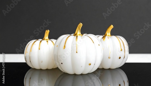 Close-up of white glass pumpkins featuring golden paint accents in studio lighting